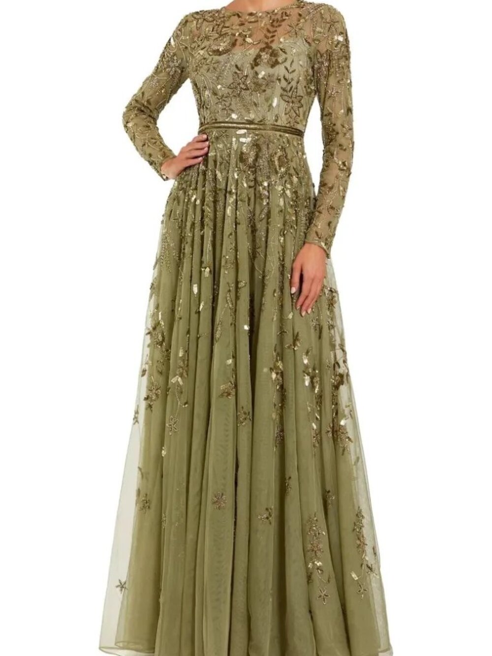Mac Duggal Green Long Sleeve Mesh Floral Embellished Gown